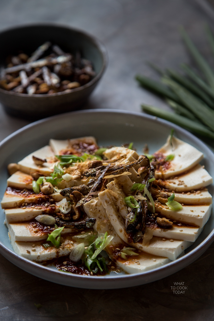 Silken tofu with fried anchovies and peanuts