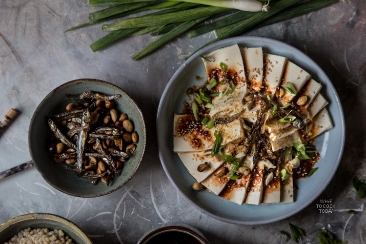 Silken tofu with fried anchovies and peanuts