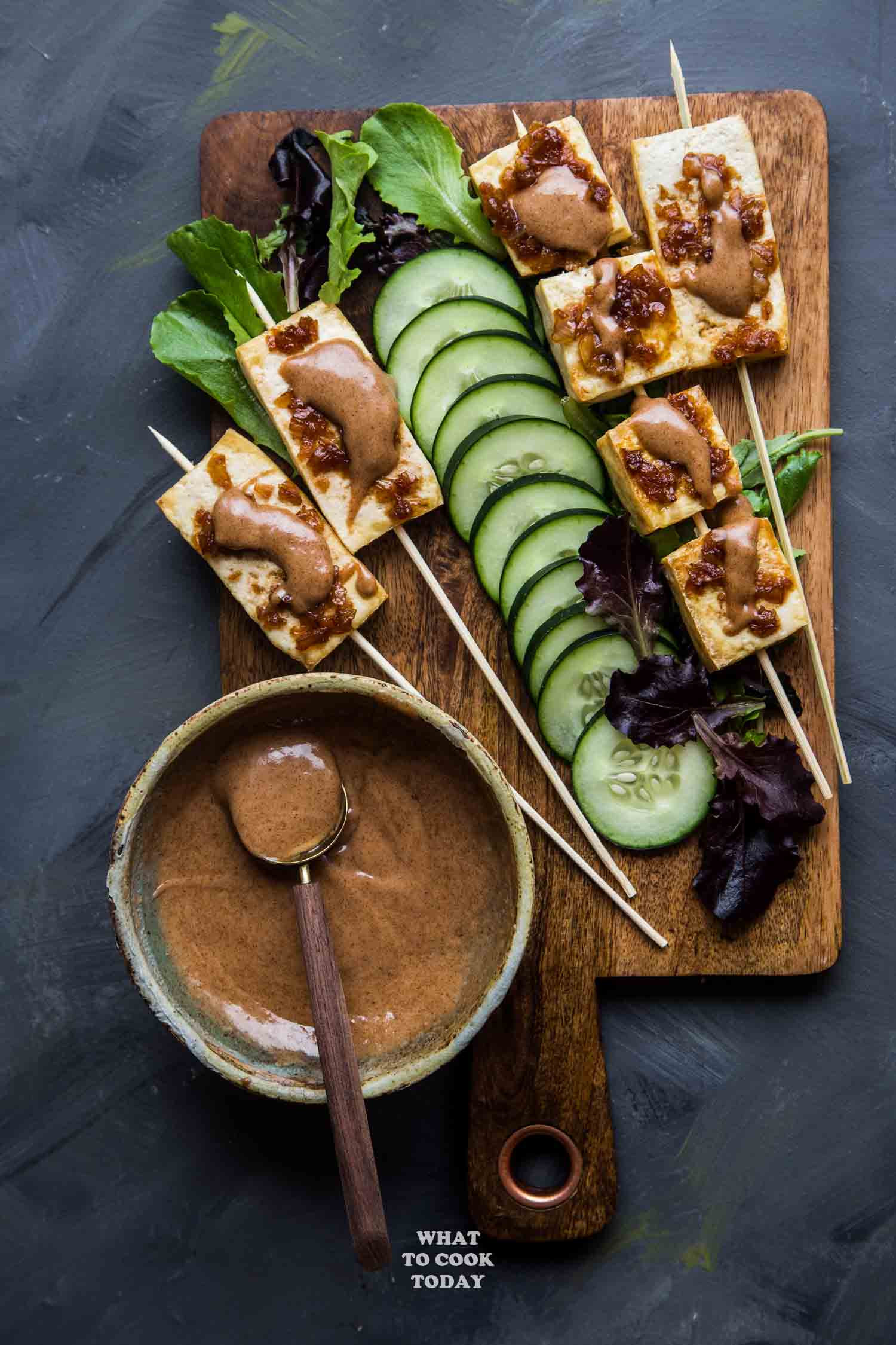 Tofu Satay with Almond Butter Sauce - Tofu is marinated in aromatic spices and serve with super easy, tasty, and creamy almond butter sauce. You will not think of tofu the same way again #ad #StartAHealthyRelationship