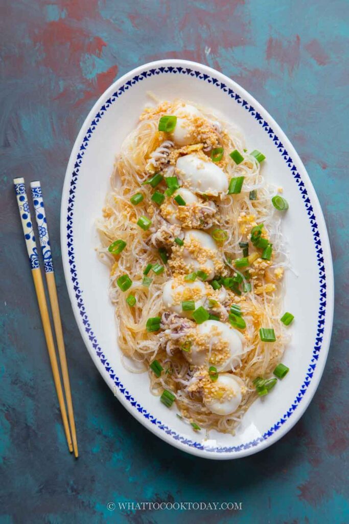Chinese Steamed Squid with Garlic Ginger Sauce and Glass Noodles