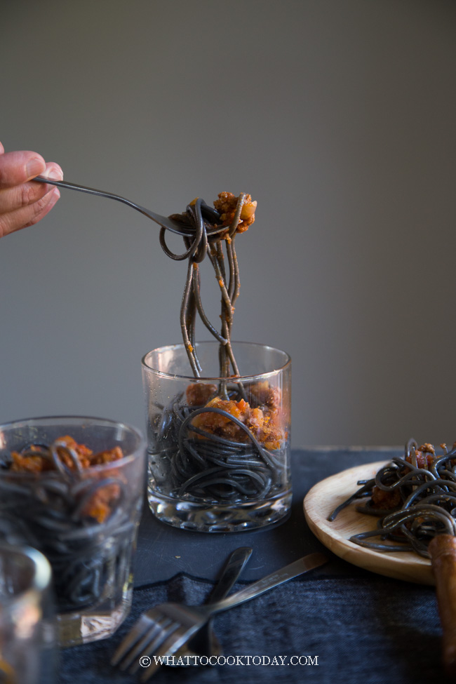 Halloween Squid Ink Spaghetti Worms with Bolognese