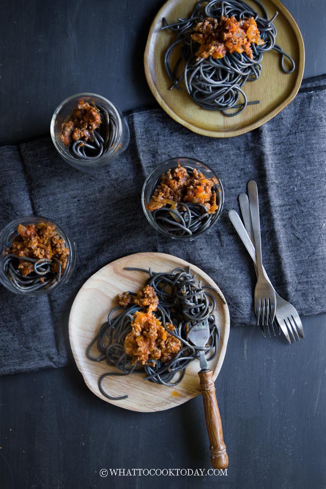 Halloween Squid Ink Spaghetti Worms with Bolognese